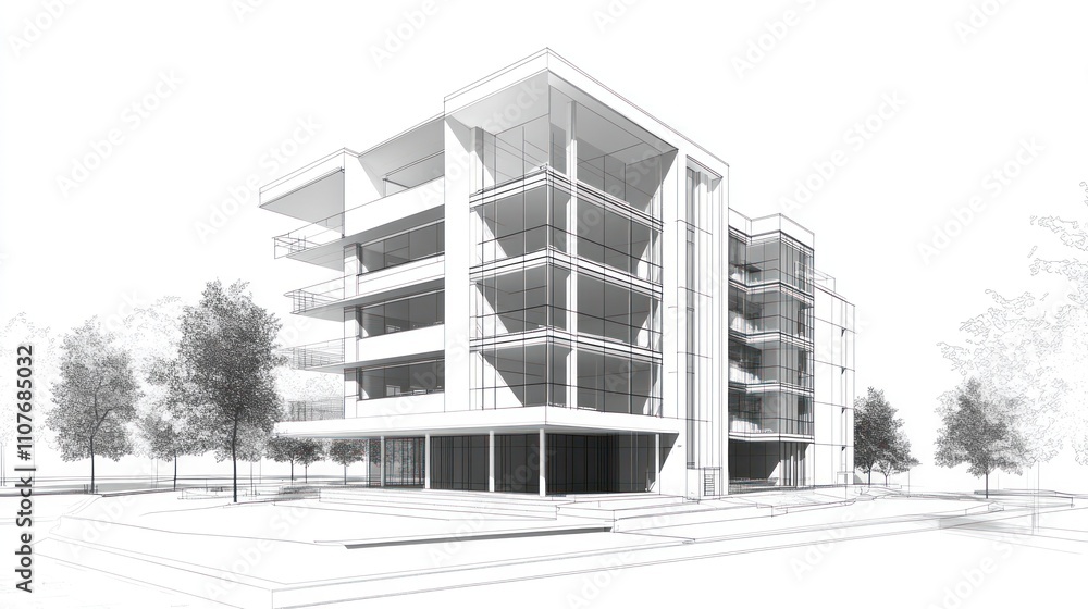 Poster a modern architectural design of a multi-story building with balconies and large windows.