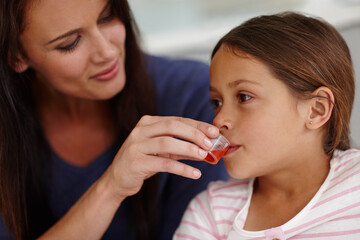 Mom, sick child or medication with medicine for fever, pain relief or viral infection at home....