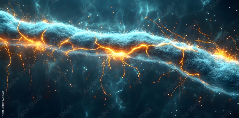 Poster a digital representation of a glowing, electric-like structure resembling a neural pathway.