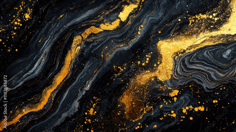 Poster abstract marble ink art with black and gold swirls, creating luxurious and elegant feel. dynamic pat