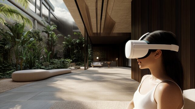A woman sits in a contemporary indoor space wearing a virtual reality headset, exploring real estate options.