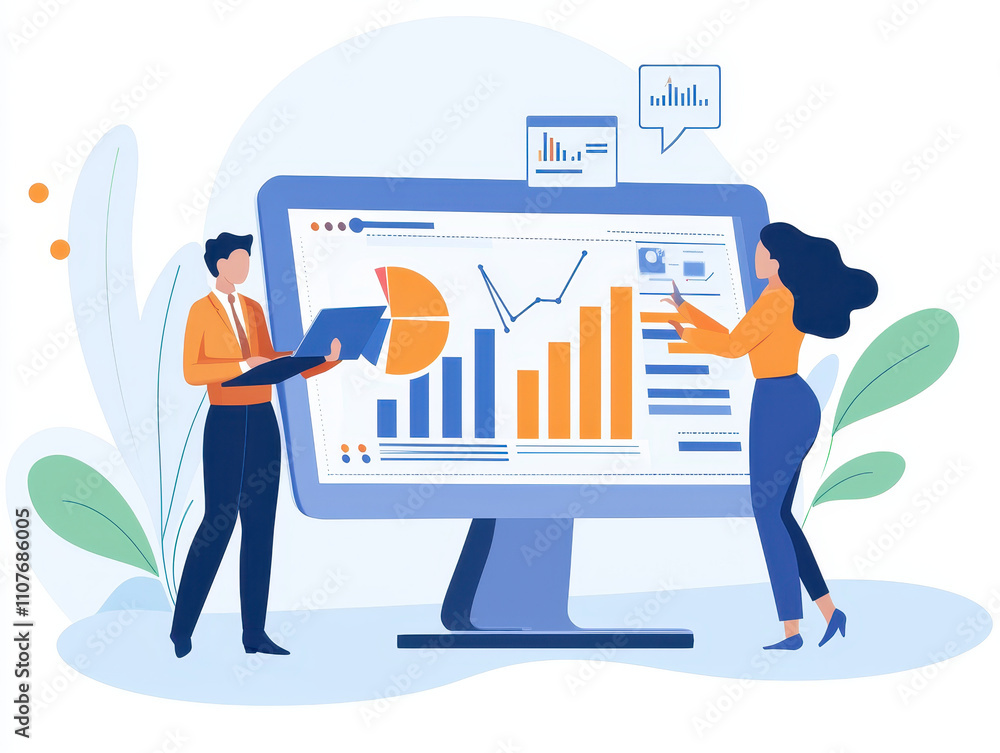 Poster business professionals analyzing data on large screen, showcasing graphs and charts. scene conveys t