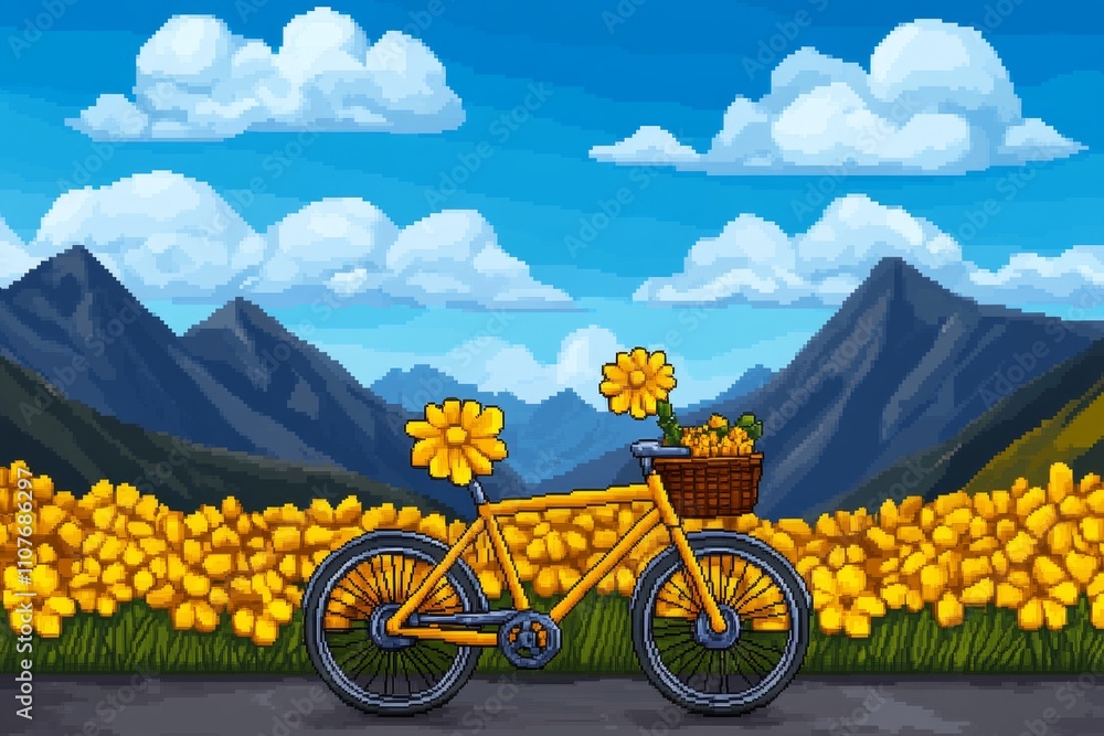 Poster A pixel art bicycle with a flower basket, animated with glowing petals and a small waving character riding it through a scenic pixelated field