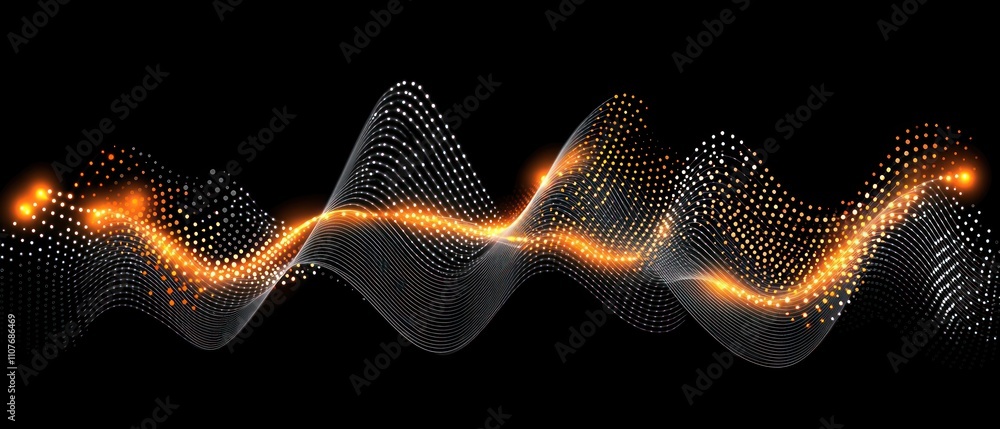 Poster abstract visualization of sound waves with glowing dots and flowing lines on a black background.