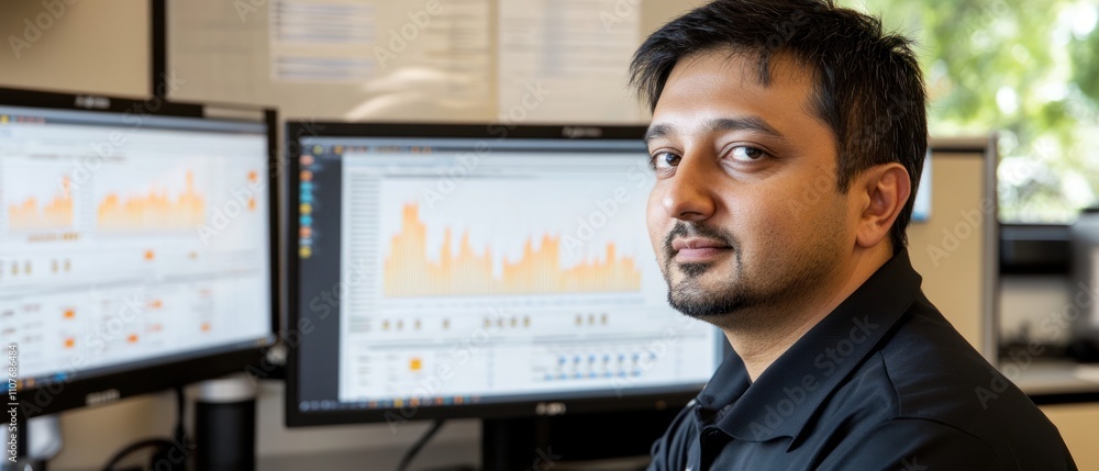 Poster a professional analyzing data on multiple computer screens in an office setting.