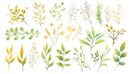 Watercolor floral elements featuring various leaves and flowers in green and yellow tones, perfect for decoration and design projects