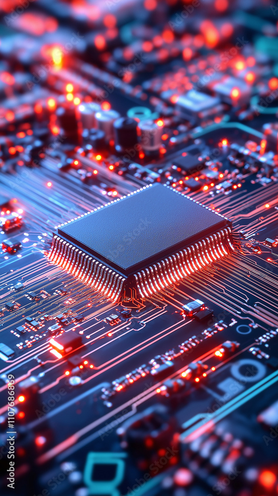 Poster high tech microchip on circuit board with glowing lights and intricate details
