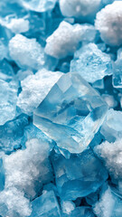 Crystal clear ice cubes and blue ice flakes create refreshing scene