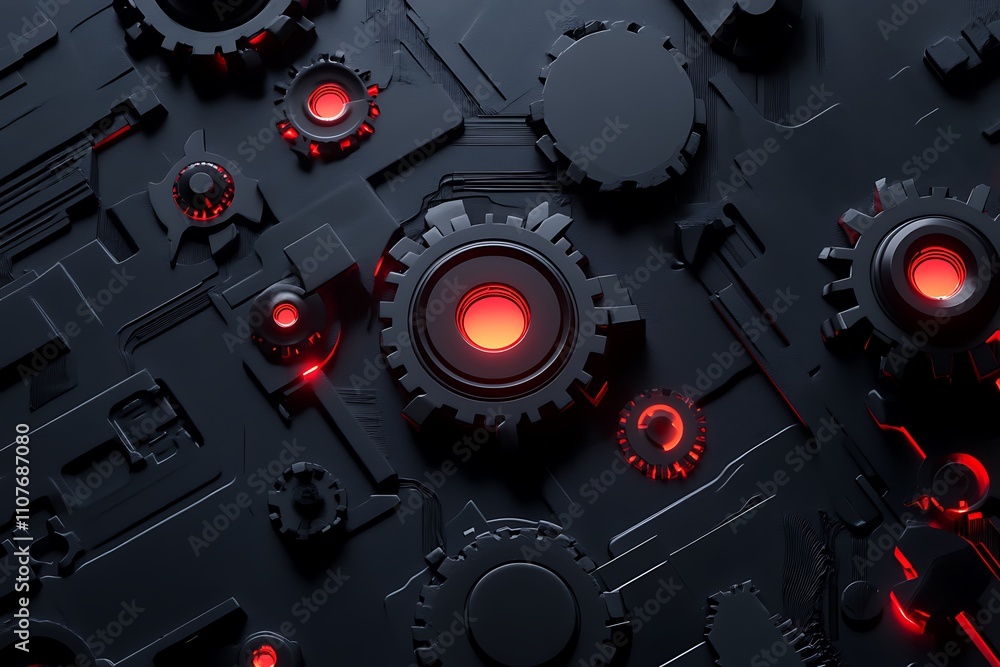 Poster abstract dark metallic gears with red lights.