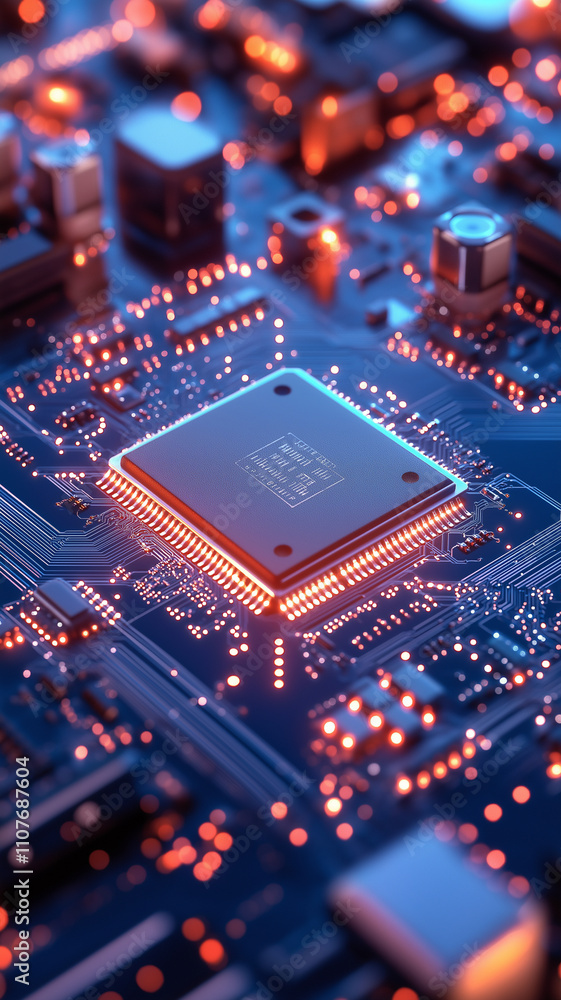 Aufkleber close up view of glowing microchip on circuit board, showcasing intricate details