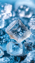 Ice cubes glistening with water droplets create refreshing and cool atmosphere