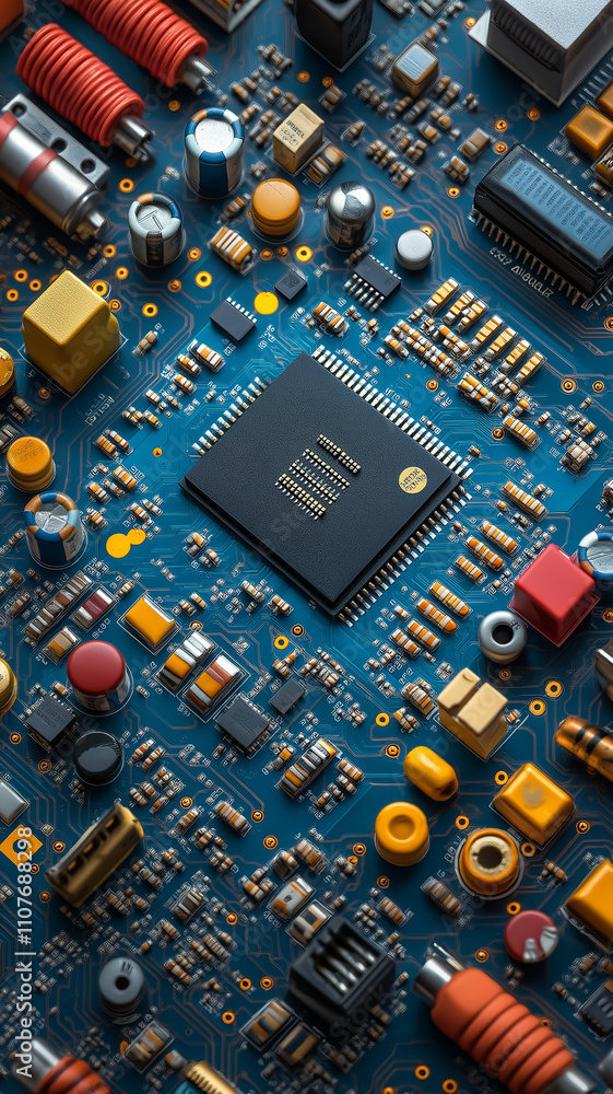 Poster detailed view of colorful circuit board with various electronic components