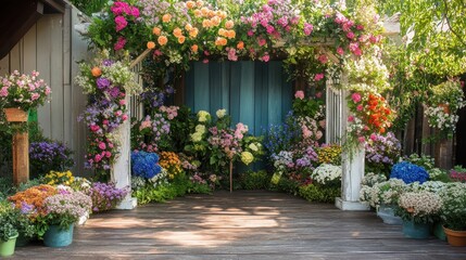 Fototapeta premium Charming Garden Arbor with Vibrant Floral Display