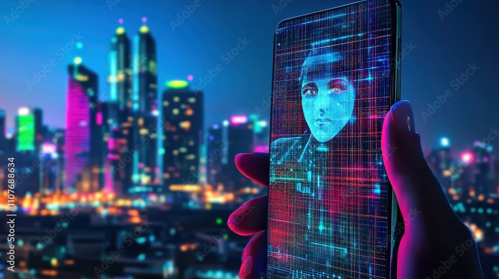 Aufkleber an artistic shot of a smartphone in hand with an active face recognition app, displaying scanning pr