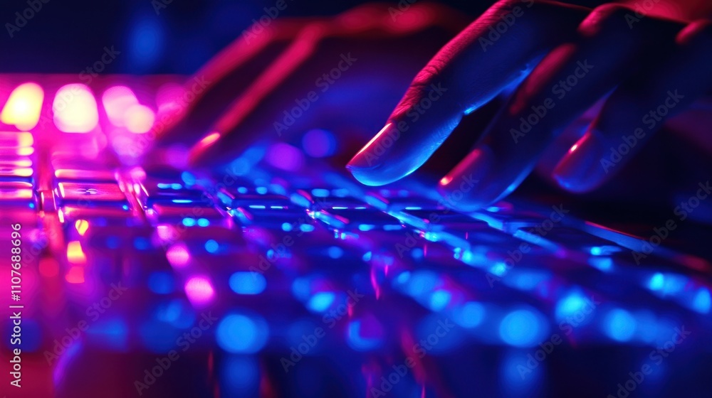 Poster a close-up of a hand typing on a backlit keyboard in vibrant colors.