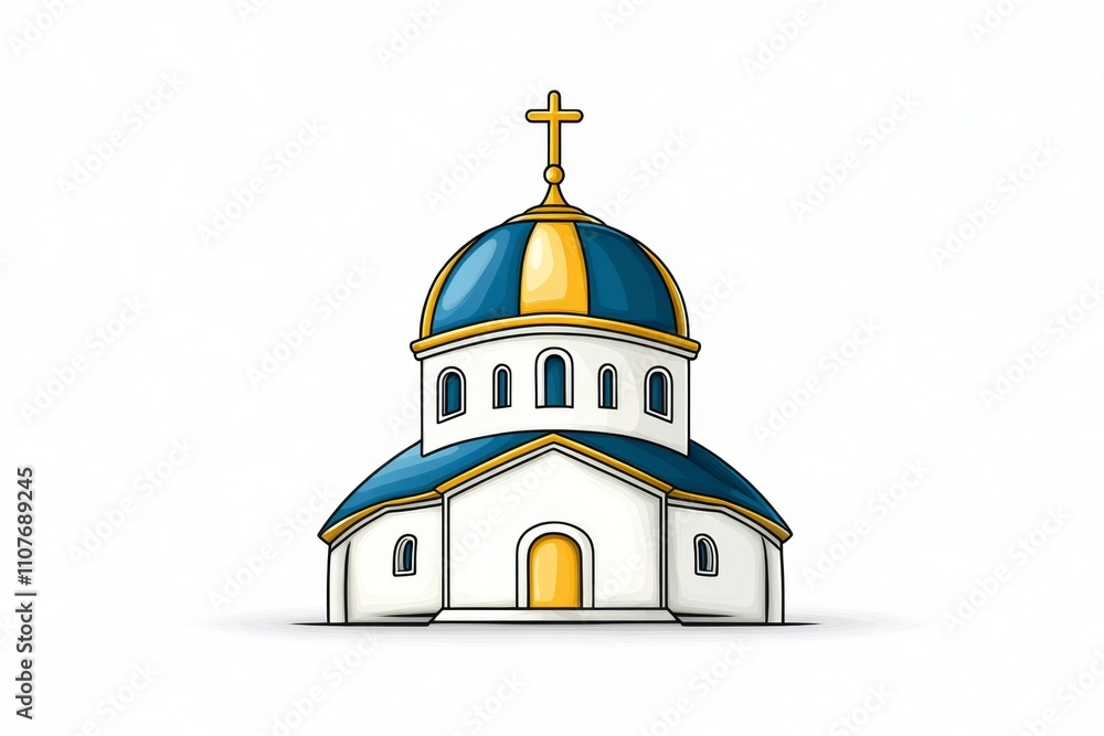 Poster a simple icon of a byzantine dome, drawn in bold lines with gold accents on a white background