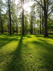 Obraz premium Lush green lawn surrounded by tall trees under the bright summer sun, sunny