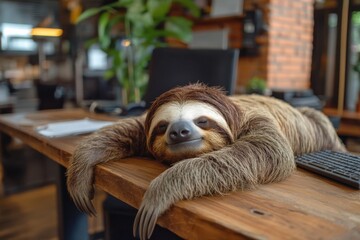 Drowsy sloth resting on office desk during work hours