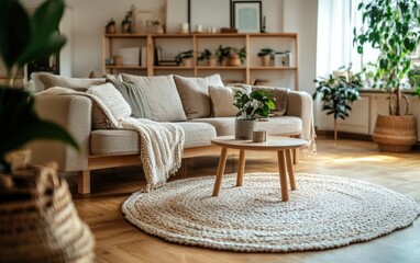 Obraz premium Cozy living room with a modern design featuring plants and natural light in an inviting space