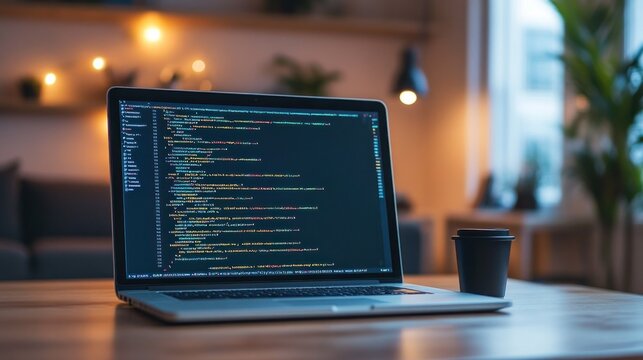 A laptop displaying code in a cozy, well-lit workspace with a coffee cup nearby.