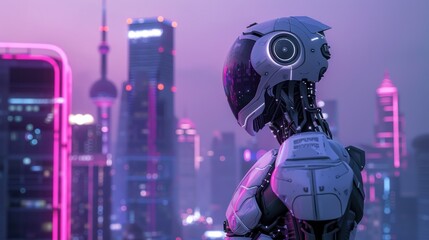 Fototapeta premium A futuristic robot gazes over a neon-lit cityscape at dusk.