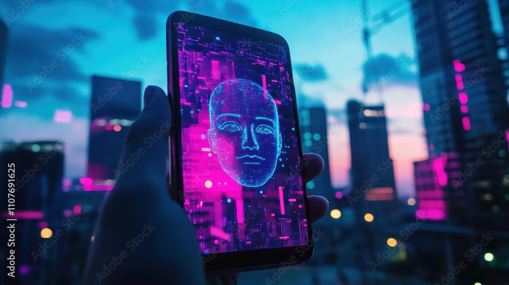 Aufkleber an artistic shot of a smartphone in hand with an active face recognition app, displaying scanning pr