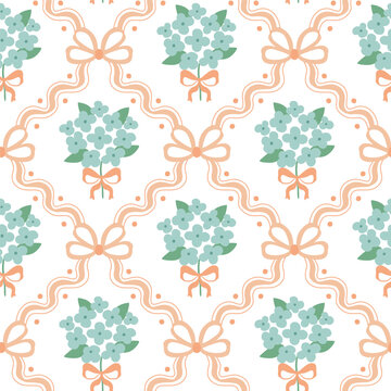 Bowknots, ribbons and hydrangea seamless pattern. Vector floral coquette grandmillennial wallpaper. Soft pink and green cottagecore trellis, retro repeat background, gentle print, textile design.