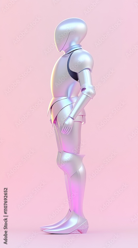 Poster futuristic metallic robot in profile view against soft pink background