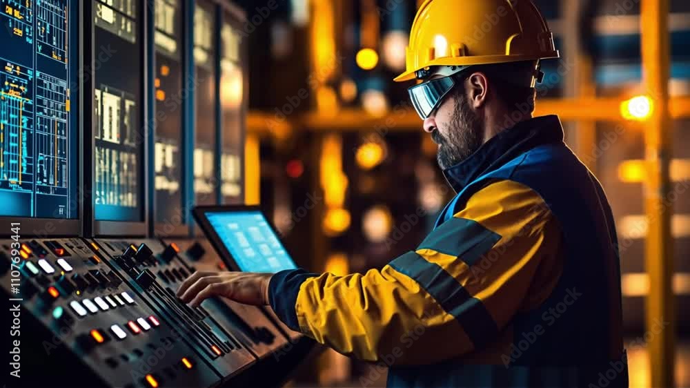 Poster a factory operator interacting with digital controls in a high-tech workspace. concept of industrial