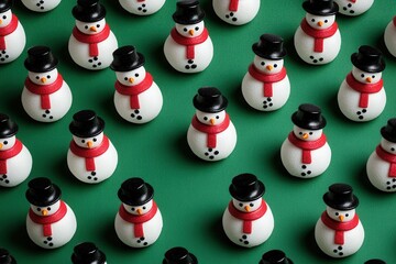 Seamless pattern with amusing snowmen set against a green backdrop