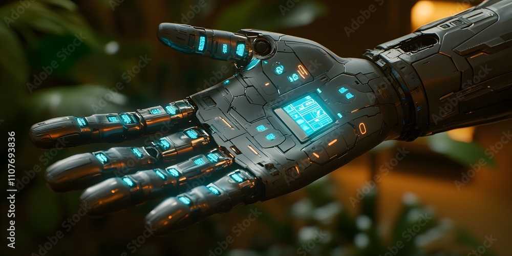 Poster a futuristic robotic hand with glowing blue elements and a digital interface.