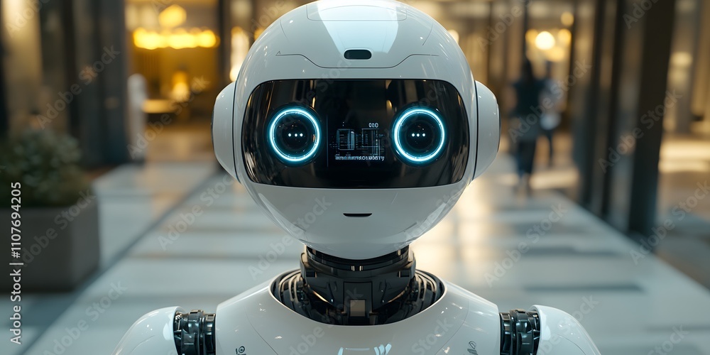 Poster a humanoid robot with glowing eyes and a digital interface, positioned in a modern environment.