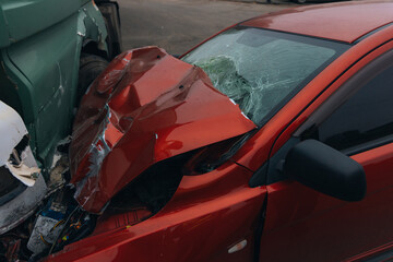 A truck and a car collided on the highway. A serious accident. Road accidents on the road. The car...