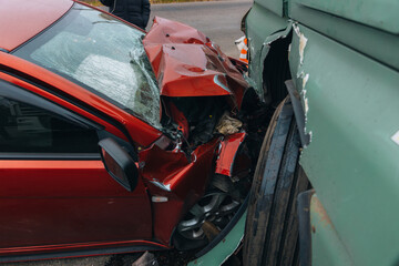 A truck and a car collided on the highway. A serious accident. Road accidents on the road. The car...
