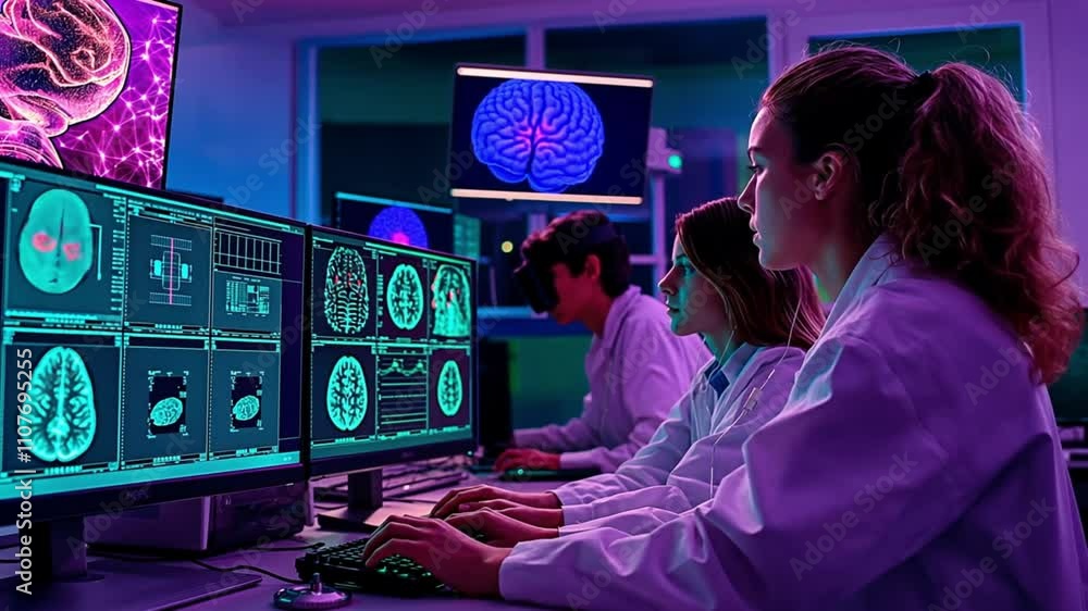 Aufkleber a team of diverse scientists analyzing brain scans on multiple monitors in a lab. concept of innovat