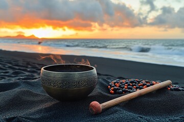 Tibetan singing bowl with wooden mallet
