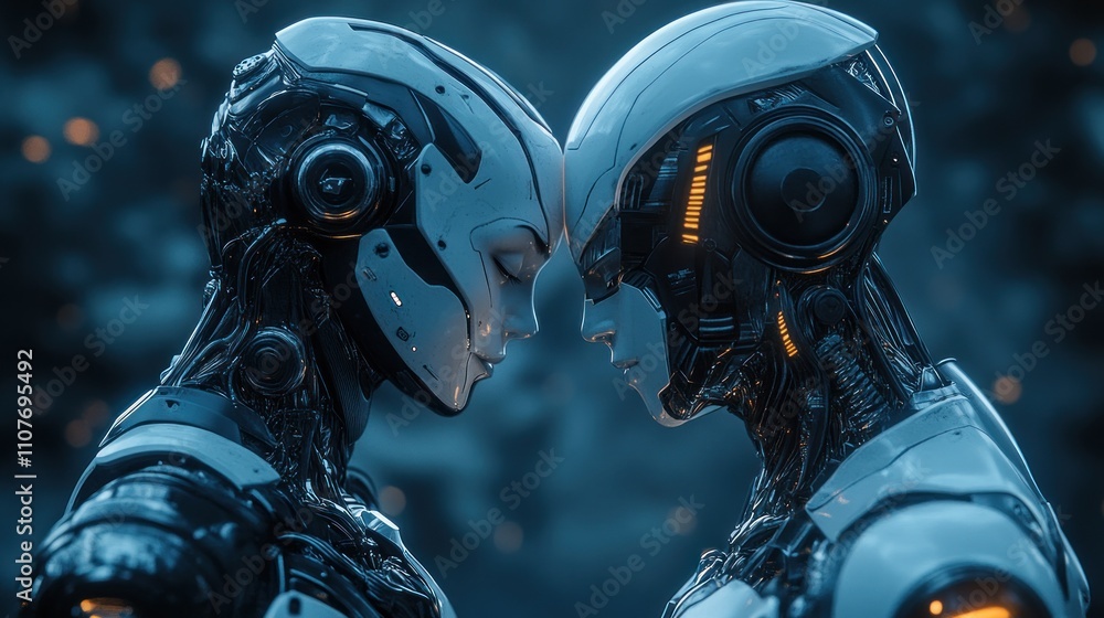 Poster cybernetic connection: two advanced robots share a moment of intimacy