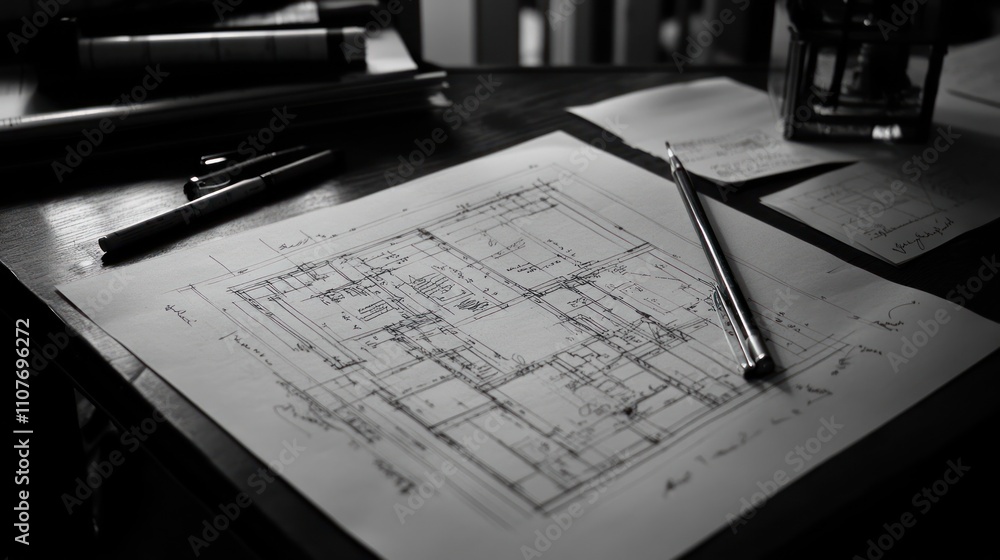 Poster a detailed architectural blueprint on a desk with writing tools and notes.