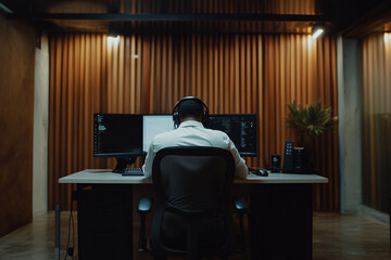 call center agent working diligently at modern desk with dual monitors, wearing headphones in stylish office environment