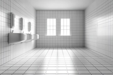 Fototapeta premium A clean, minimalist restroom featuring three urinals and large windows for natural light.