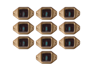 A luminescent old-fashioned indicator with a golden frame shows the numbers 0 to 9, is isolated.