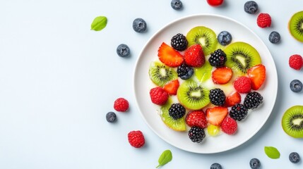 A vibrant plate of fresh fruits featuring strawberries, blueberries, blackberries, kiwi, and raspberries, surrounded by green leaves on a light background.
