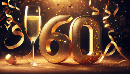 Golden number 60 in golden text alongside two champagne flutes and swirling ribbons against a dark, sparkling background.