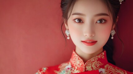 Fototapeta premium Young woman in traditional red attire holding a red envelope symbolizing Lunar New Year happiness and good fortune