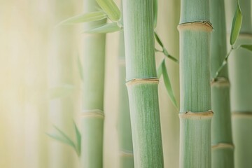 Obraz premium Closeup of bamboo stems with green leaves symbolizing resilience and natural beauty in a tranquil environment