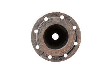 Iron rusted pipe with bolt holes on frame around the pipe. isolated on white background. Side view,...