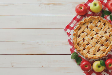 A traditional apple pie on a red checkered tablecloth, perfect for celebrating National Pie Day. Ideal for stock use in food, dessert, and holiday-themed content, evoking warmth and comfort