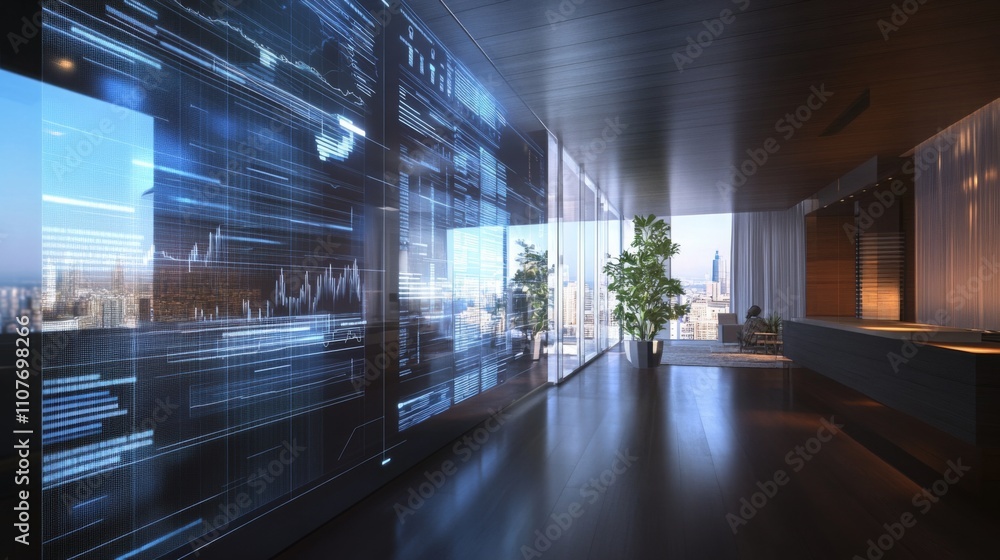 Poster modern real estate office located in a skyscraper features large glass walls displaying digital data