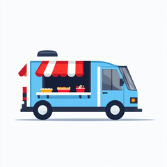 An icon style illustration of a food truck with striped awning. The truck is isolated on a white background. 