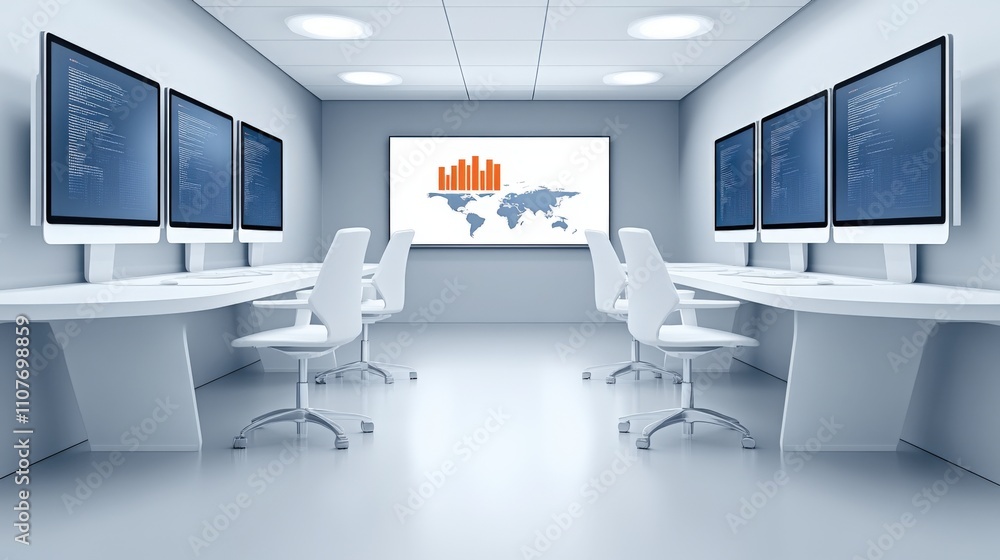 Poster modern data analysis room with high-tech screens and global statistics visualization